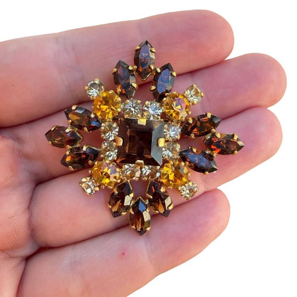 Austria Brooch Amber Rhinestone Signed  Vintage Gold Tone Mid Century